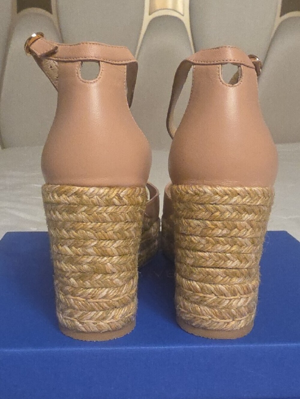 Stuart Weitzman Leather Blush Tan Espadrille Wedge Sandals with Ankle Strap 8.5 - Picture 3 of 16